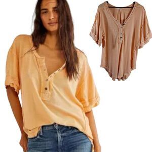 Free People Blouse Top Women's M Orange Linen Heritage Henley Neck Short Sleeve